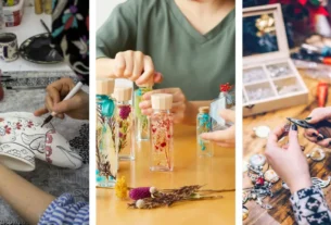 Artesanato sustentável: Mãos criativas transformando lixo (como pote de vidro e papelão) em objeto de decoração elegante, simbolizando a criação de renda extra com upcycling fácil.