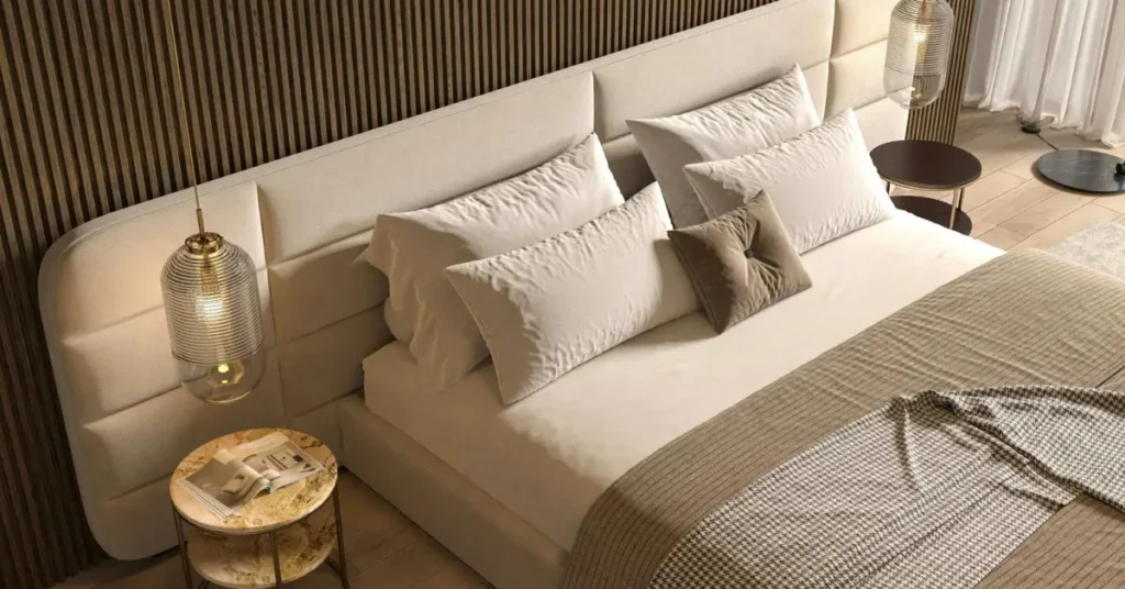 Quarto feng shui com cama na posição de comando, cabeceira sólida e decoração equilibrada para melhor descanso