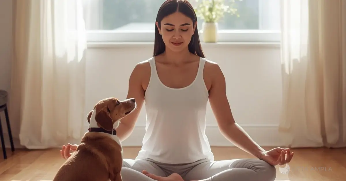 Pessoa a praticar Yoga matinal com o seu cão num ambiente iluminado, demonstrando a rotina de Doga para reduzir o stresse e a ansiedade.