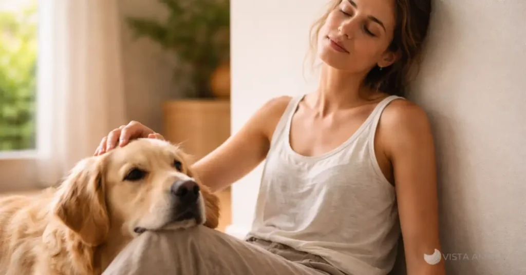 Focinho de cachorro farejando a mão do dono, representando a capacidade olfativa de detectar estresse e cortisol em humanos.
