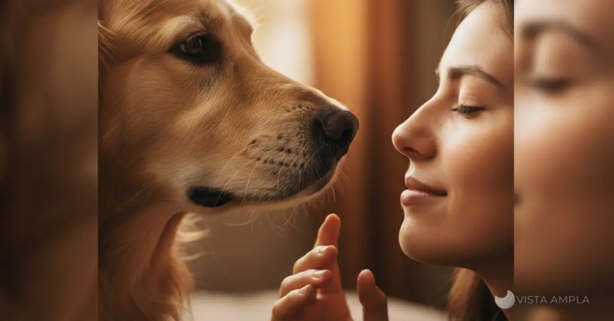 Mulher descansando com os olhos fechados enquanto seu cachorro a observa, ilustrando o espelho emocional e a percepção canina do cansaço mental.